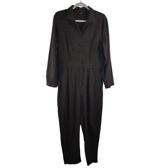 Madewell Army Green with Black Polka Dots Cotton Blend Utility Jumpsuit, Size 12 - Picture 1 of 8